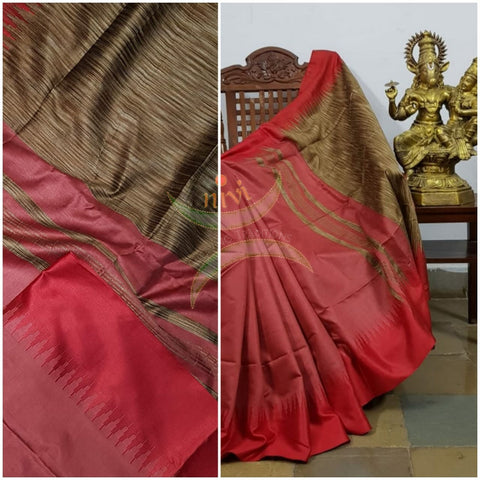 Peachy pink Bengal handloom tussar with geecha pallu in contrasting vintage gold colour and red temple border.
