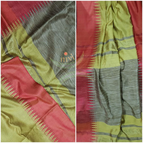 Moss green shot yellow Bengal handloom tussar with geecha pallu in contrasting vintage gold colour and red temple border.