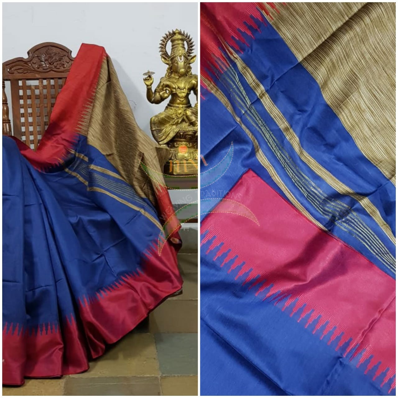 Royal blue Bengal handloom tussar with geecha pallu in contrasting vintage gold colour and red temple border.