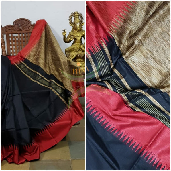 Black Bengal handloom tussar with geecha pallu in contrasting vintage gold colour and red temple border.