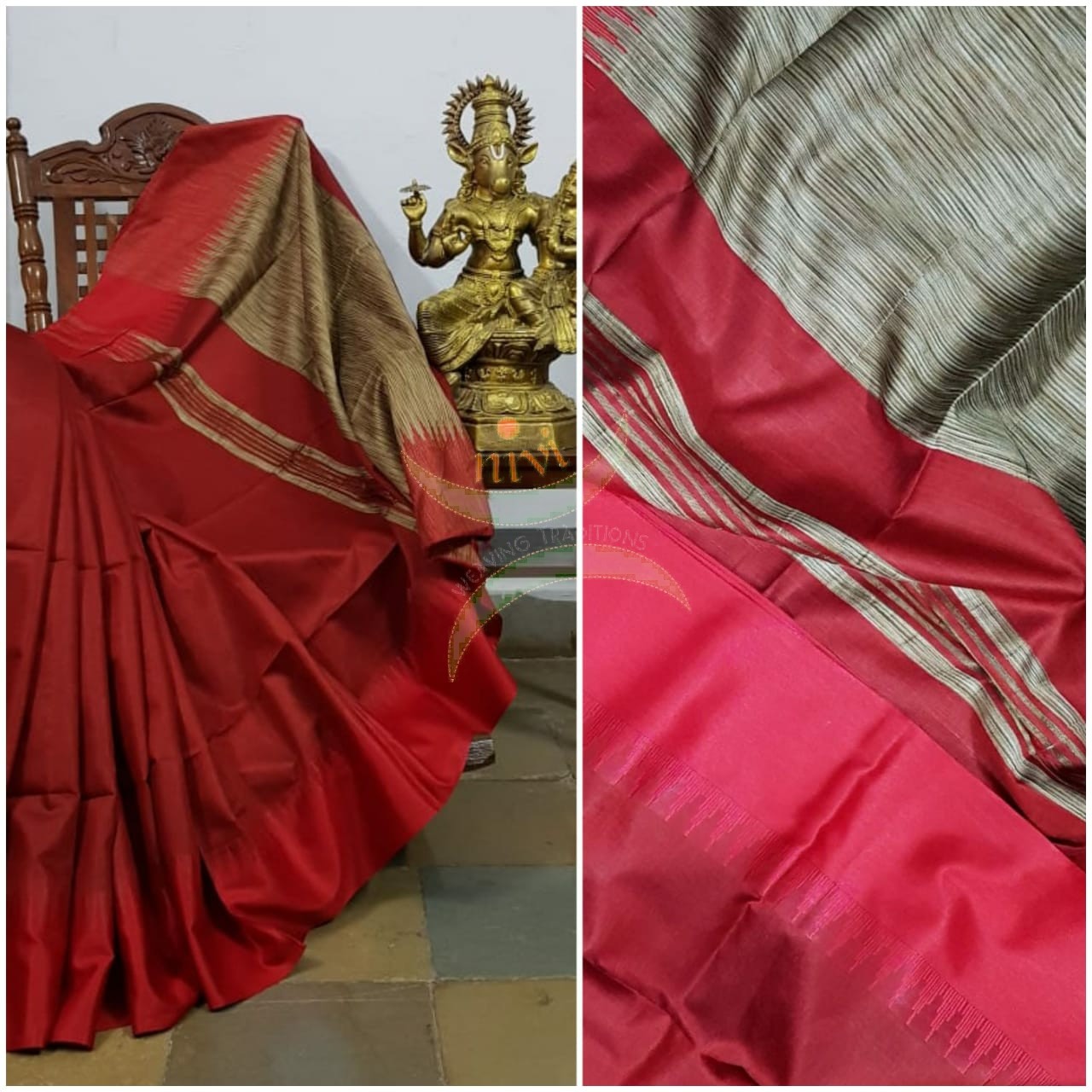 Red Bengal handloom tussar with geecha pallu in contrasting vintage gold colour and red temple border.