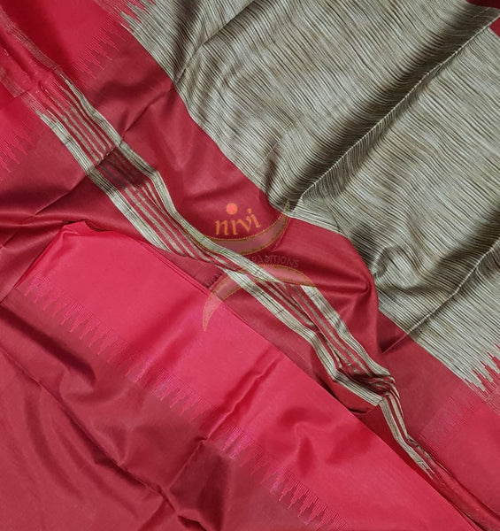 Red Bengal handloom tussar with geecha pallu in contrasting vintage gold colour and red temple border.