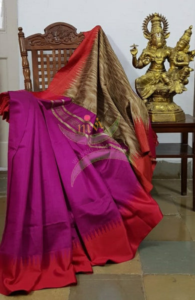 Pink Bengal handloom tussar with geecha pallu in contrasting vintage gold colour and red temple border.