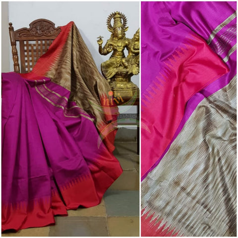 Pink Bengal handloom tussar with geecha pallu in contrasting vintage gold colour and red temple border.