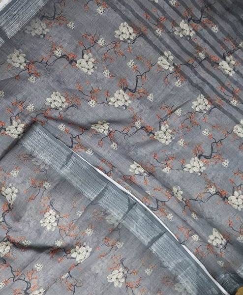 Grey digital printed linen saree