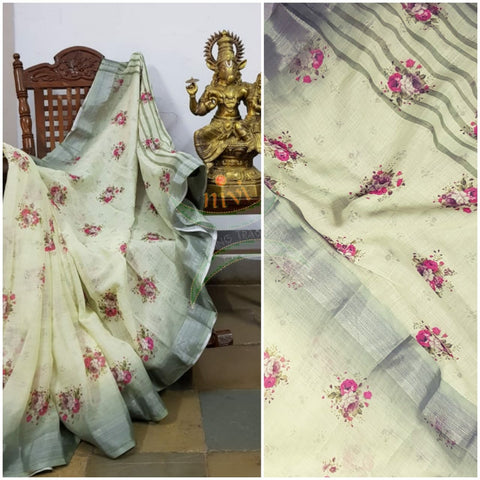 Pastel yellow digital printed linen saree