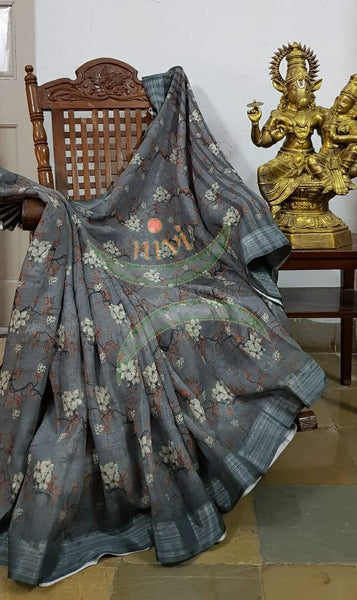 Grey digital printed linen saree