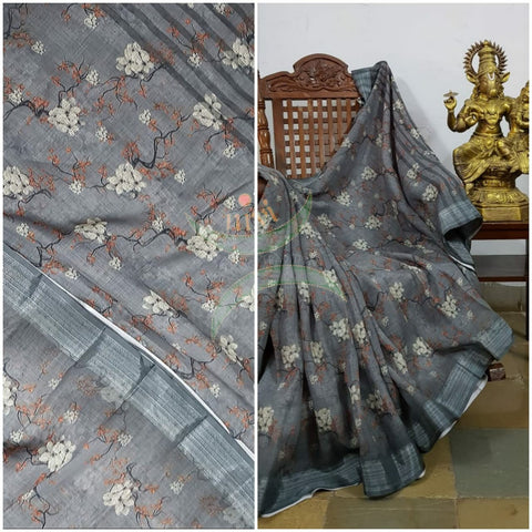 Grey digital printed linen saree