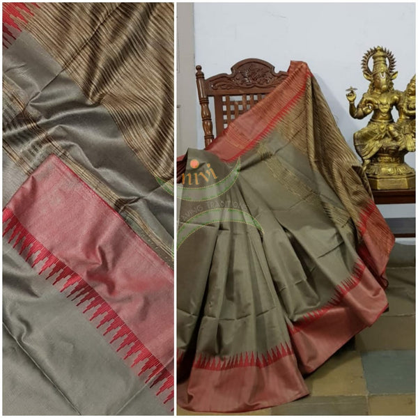 Grey shot gold Bengal handloom tussar with geecha pallu in contrasting vintage gold colour and pinkish red temple border.