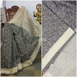 Grey woven brocade handloom Bengal cotton with running blouse piece