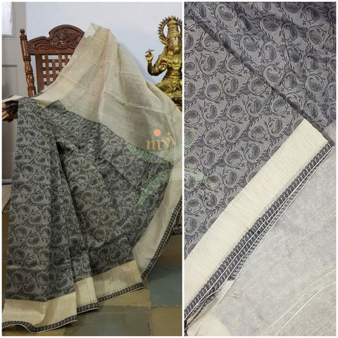 Grey woven brocade handloom Bengal cotton with running blouse piece
