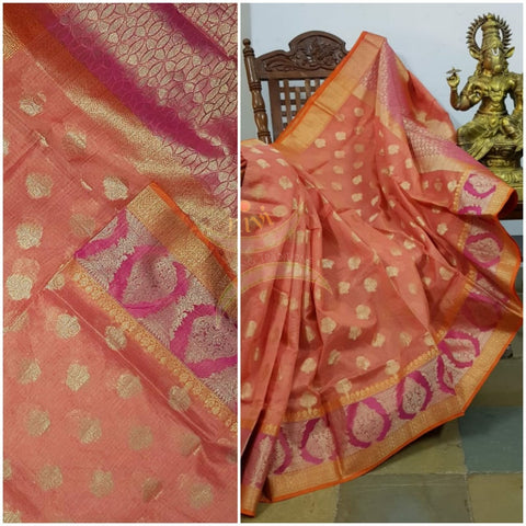 Peach shot pink  Patola woven kota doria saree with brocade blouse.
