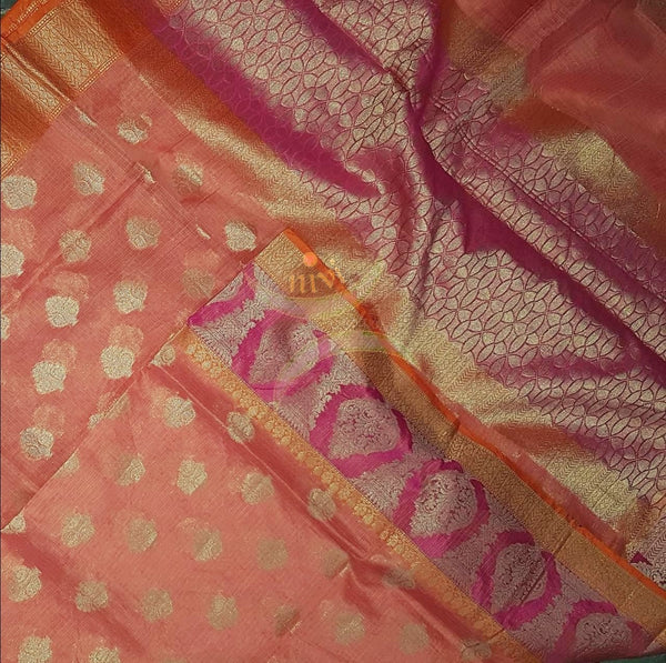 Peach shot pink  Patola woven kota doria saree with brocade blouse.