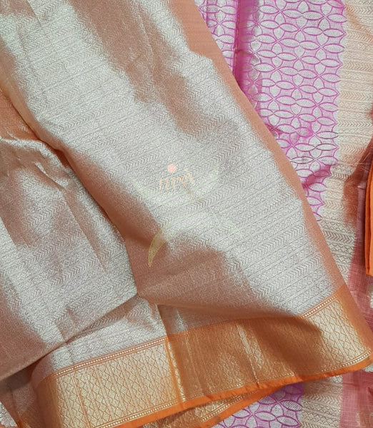 Peach shot pink  Patola woven kota doria saree with brocade blouse.
