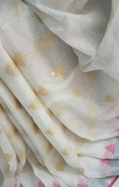 Off-White handloom linen with pink and gold jamdani woven motifs.