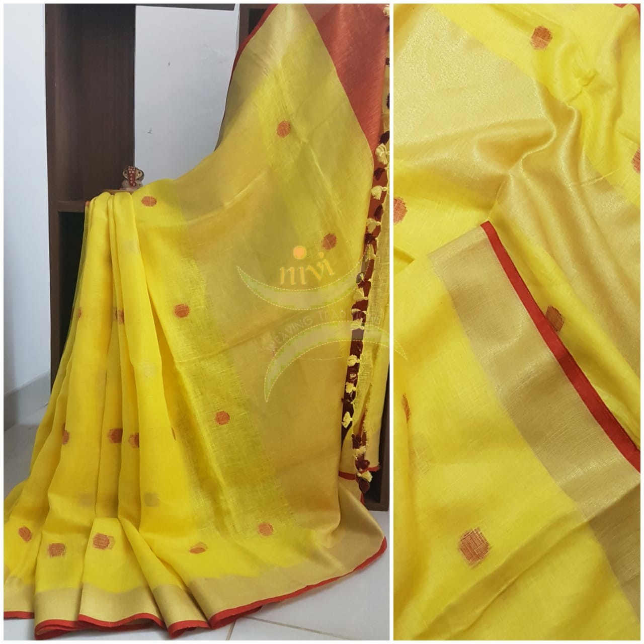 Yellow polka dot handloom linen with pom poms on pallu.