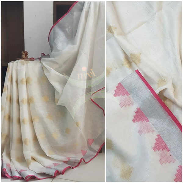 Off-White handloom linen with pink and gold jamdani woven motifs.