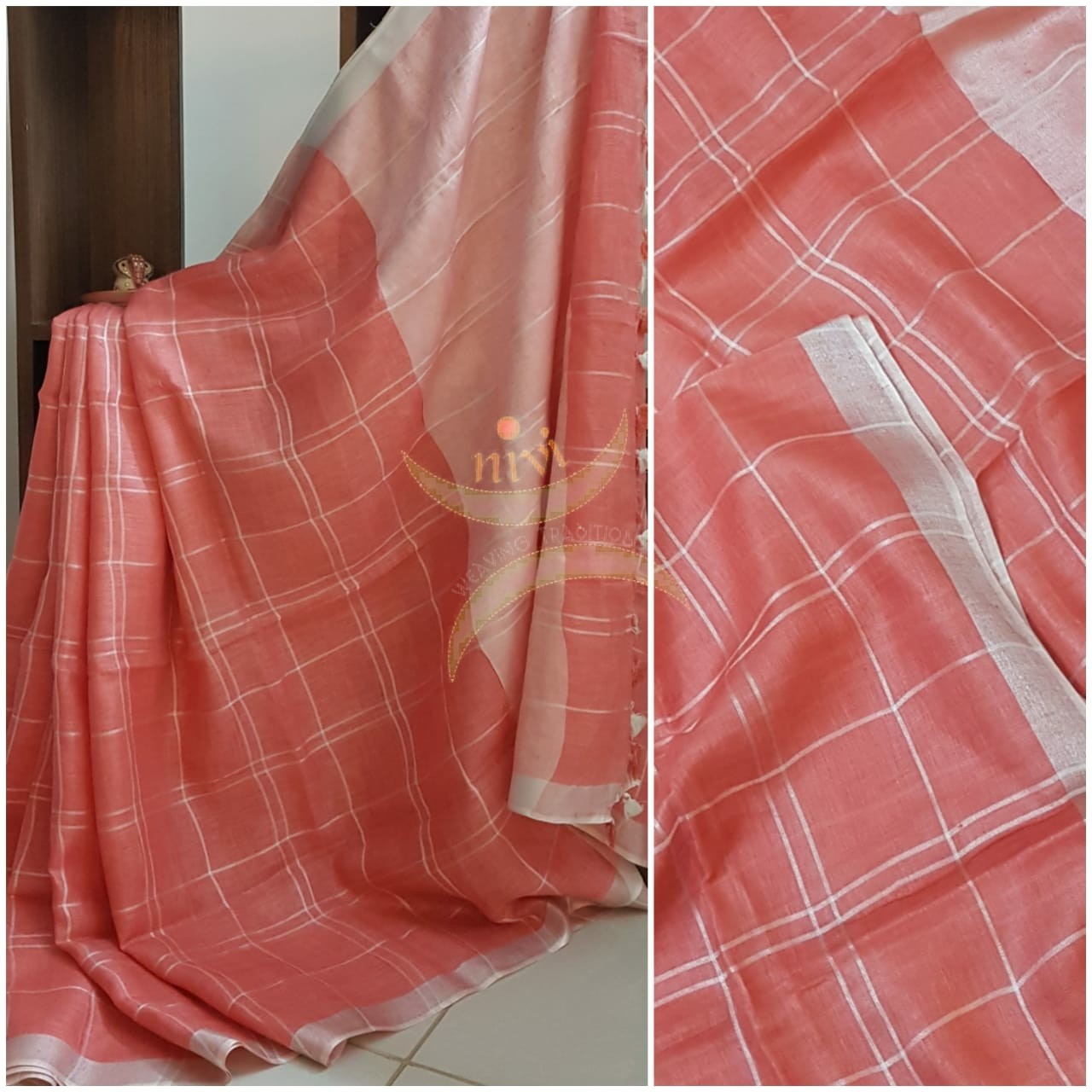 Peach handloom linen with subtle silver zari checks and border.