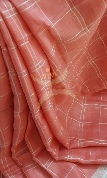 Peach handloom linen with subtle silver zari checks and border.