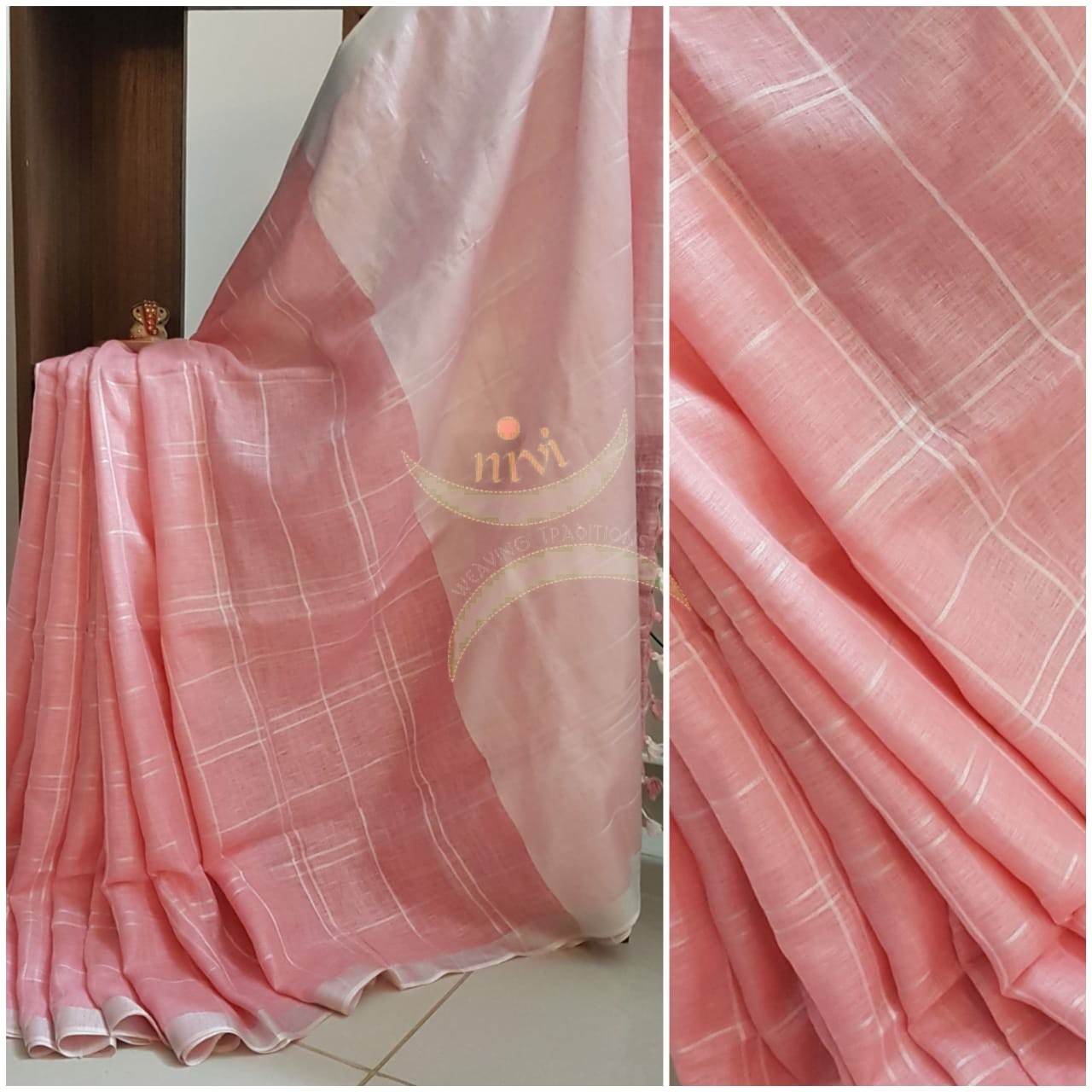 Pink handloom linen with subtle silver zari checks and border.
