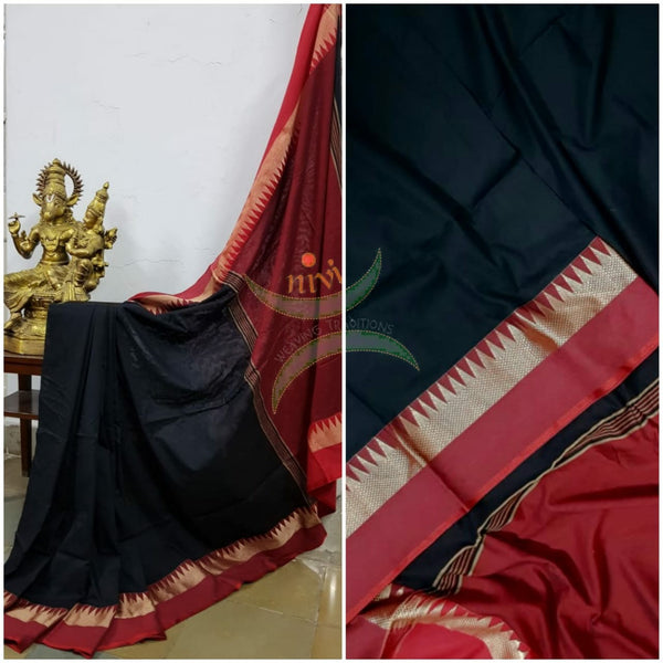 Black handloom cotton soft drape with contrasting red temple border, pallu and blouse.