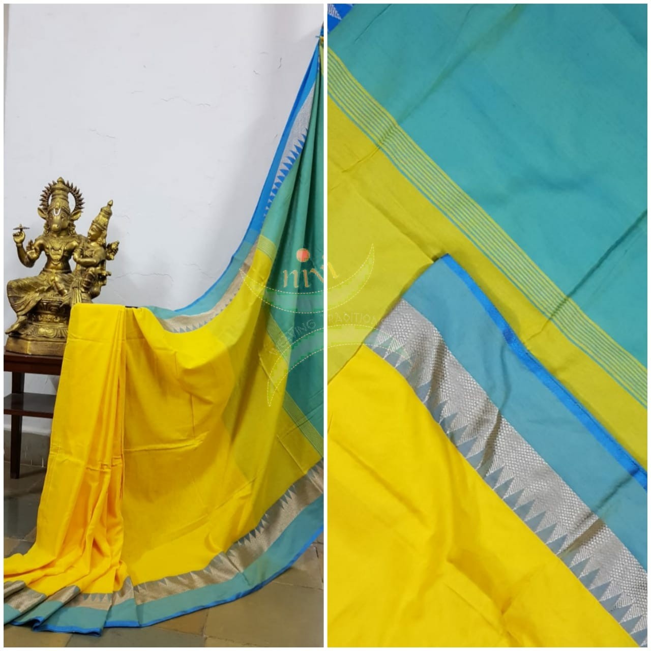 Yellow handloom cotton soft drape with contrasting sea blue temple border, pallu and blouse.