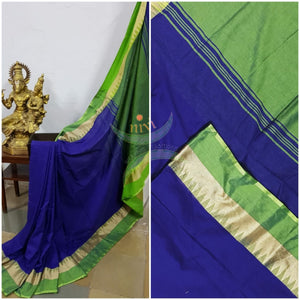 Royal blue handloom cotton soft drape with contrasting green temple border, pallu and blouse.