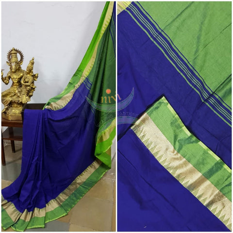 Royal blue handloom cotton soft drape with contrasting green temple border, pallu and blouse.