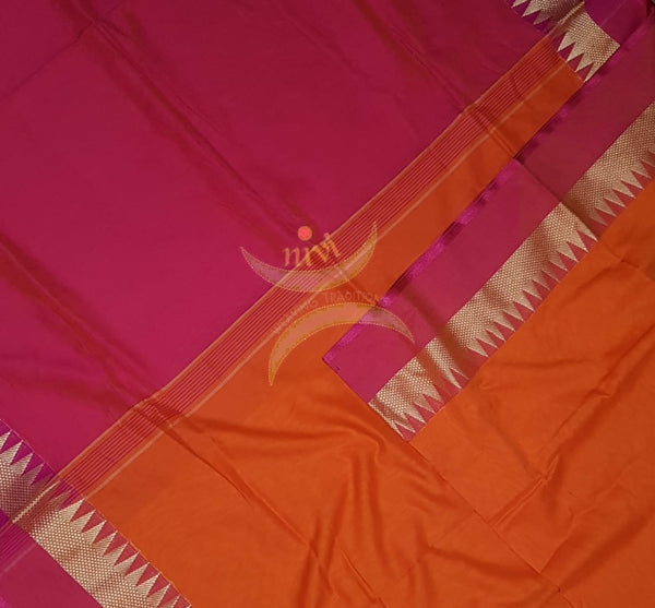 Orange handloom cotton soft drape with contrasting pink temple border, pallu and blouse.