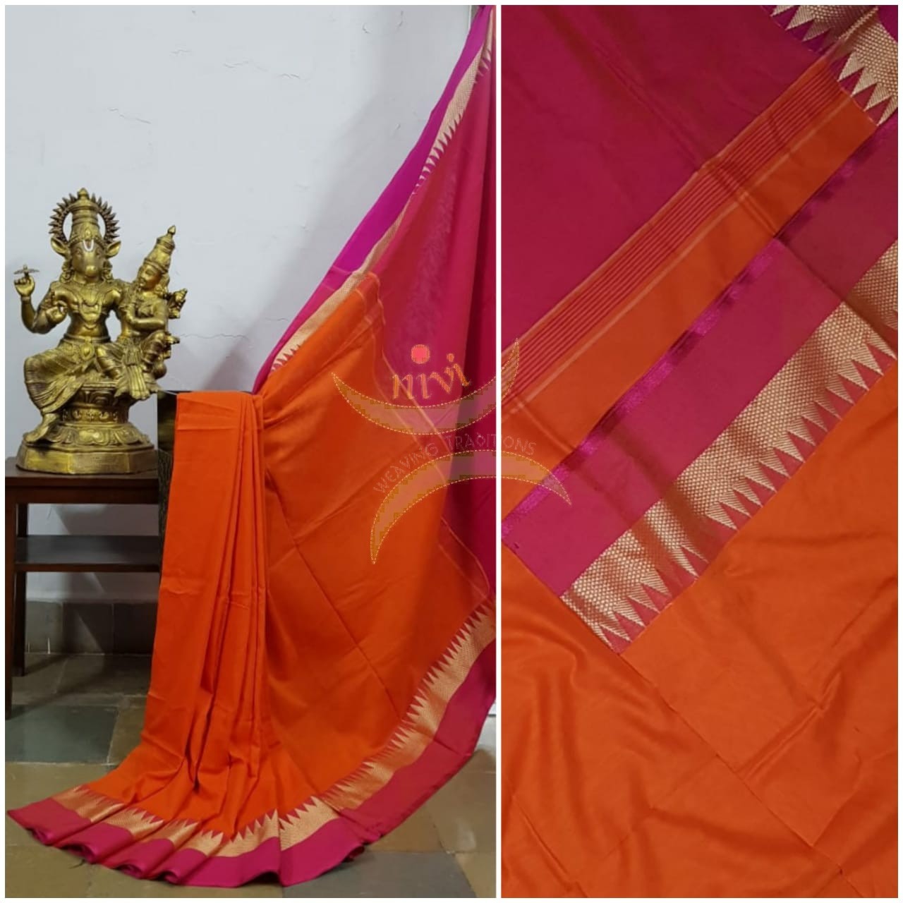 Orange handloom cotton soft drape with contrasting pink temple border, pallu and blouse.