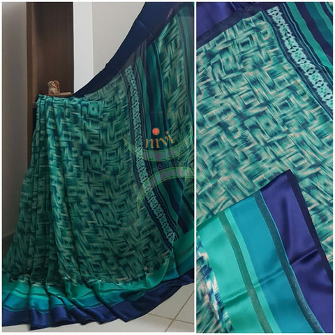 Sea green Digital printed crepe saree with satin border