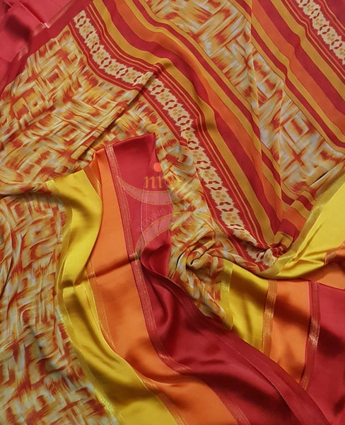 Multi coloured Digital printed crepe saree with satin border