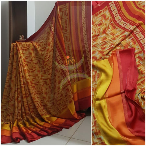 Multi coloured Digital printed crepe saree with satin border