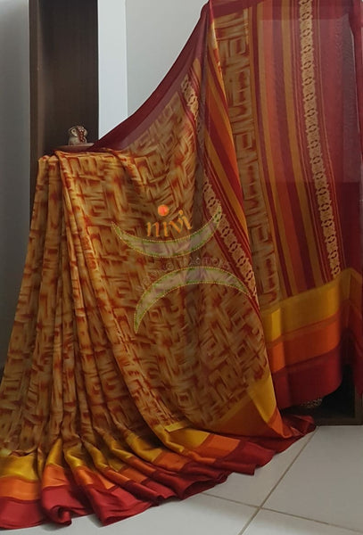 Multi coloured Digital printed crepe saree with satin border