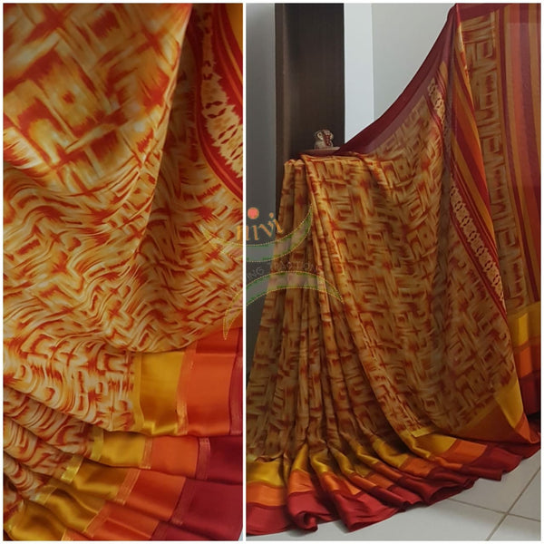 Multi coloured Digital printed crepe saree with satin border