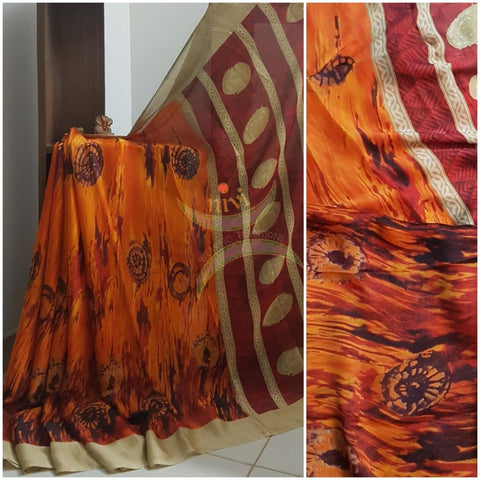 Orange Digital printed crepe saree  