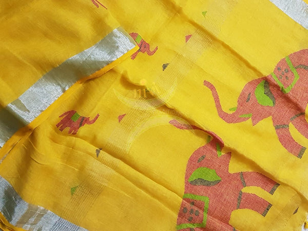 Yellow pure linen handloom with elephant woven motif on pallu and buttas