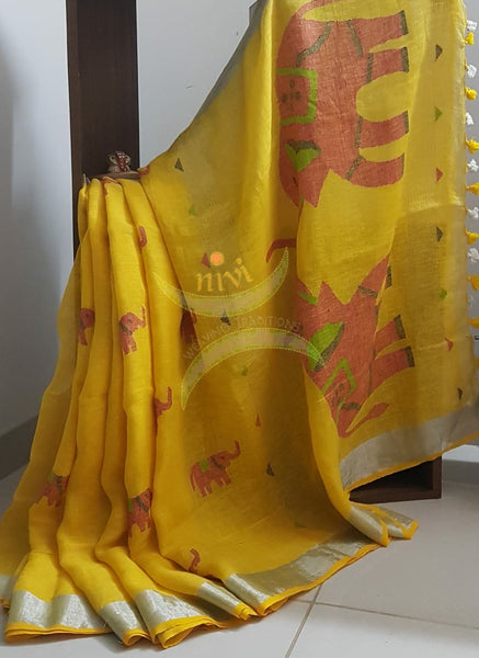 Yellow pure linen handloom with elephant woven motif on pallu and buttas