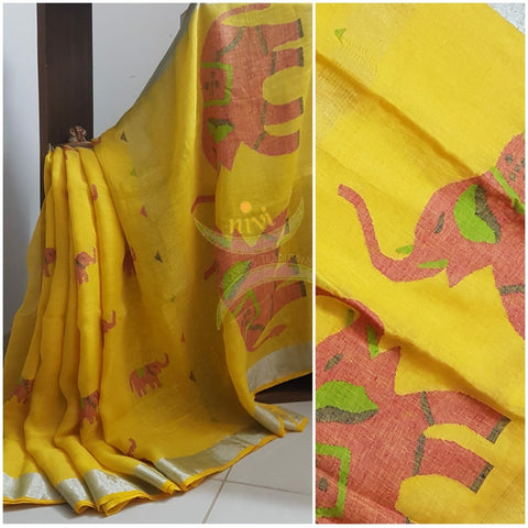 Yellow pure linen handloom with elephant woven motif on pallu and buttas
