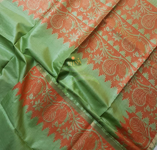 Leaf green handloom pure silk tussar with peacock motifs