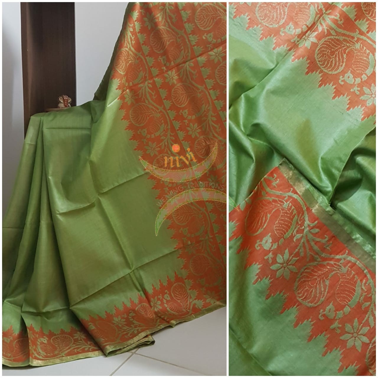 Leaf green handloom pure silk tussar with peacock motifs