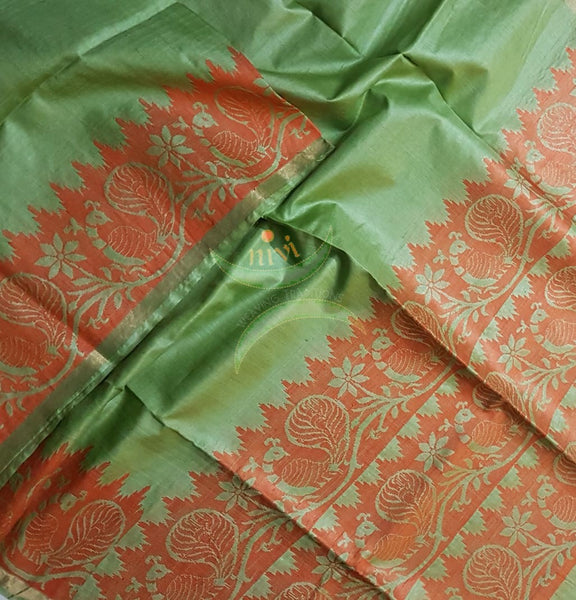 Leaf green handloom pure silk tussar with peacock motifs