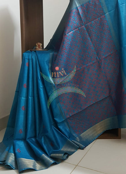 Turquoise blue handloom pure silk tussar with paisley motif and striped blouse