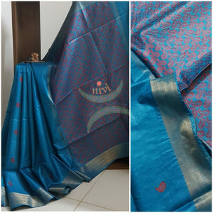 Turquoise blue handloom pure silk tussar with paisley motif and striped blouse