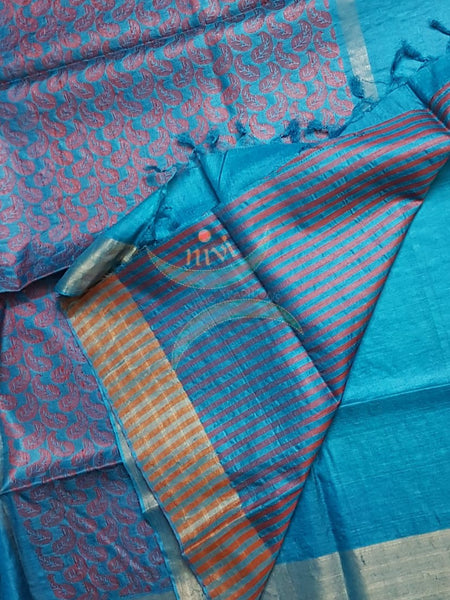Turquoise blue handloom pure silk tussar with paisley motif and striped blouse