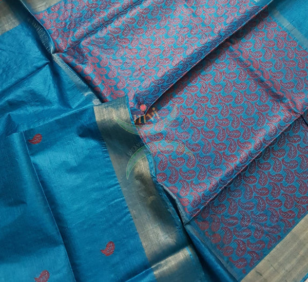 Turquoise blue handloom pure silk tussar with paisley motif and striped blouse