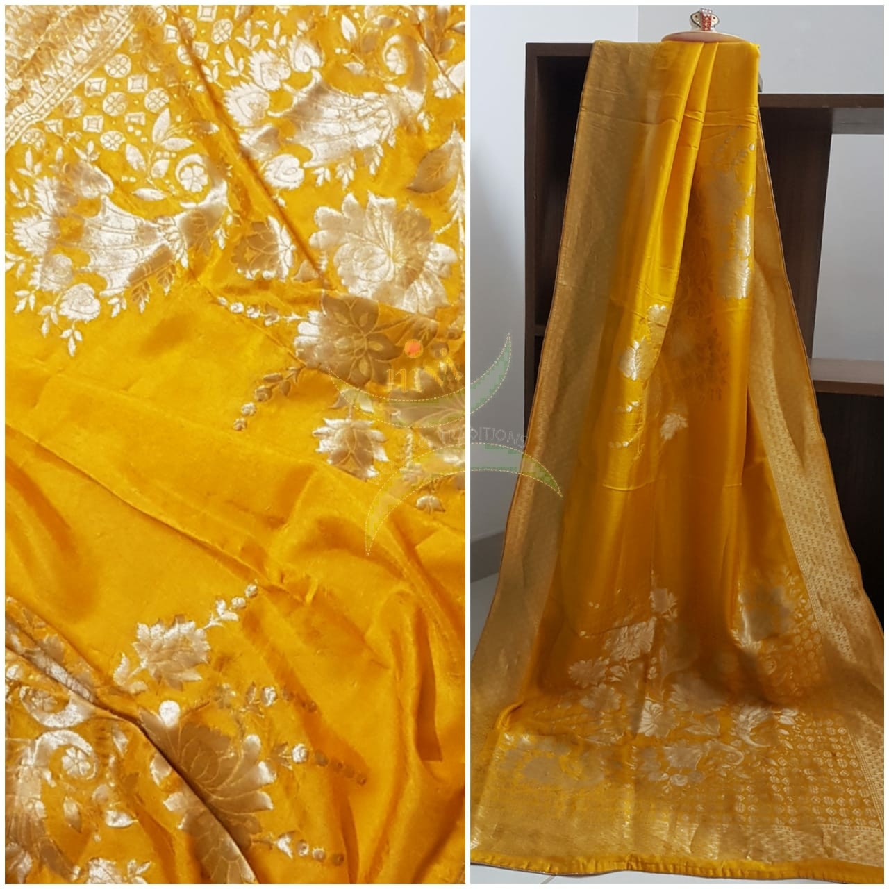 Haldi yellow handloom muga silk benaras brocade dupatta