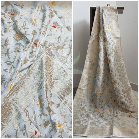 Off white  handloom muga silk benaras brocade dupatta