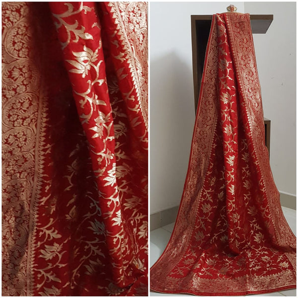 Red handloom muga silk benaras brocade dupatta