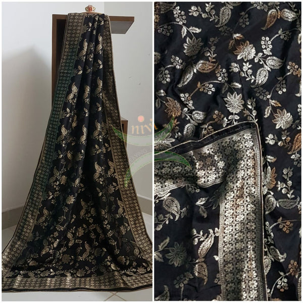 Black handloom muga silk benaras brocade dupatta